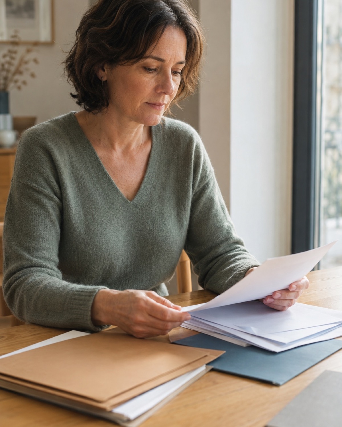 Une femme assise à une table de cuisine trie des papiers administratifs près d'une fenêtre, dans une lumière calme de fin de journée
