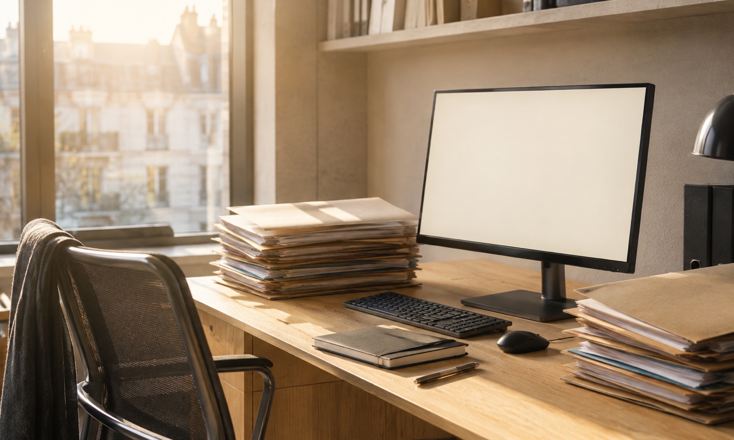 Un poste de travail avec des dossiers empilés et un écran allumé, sans personne devant