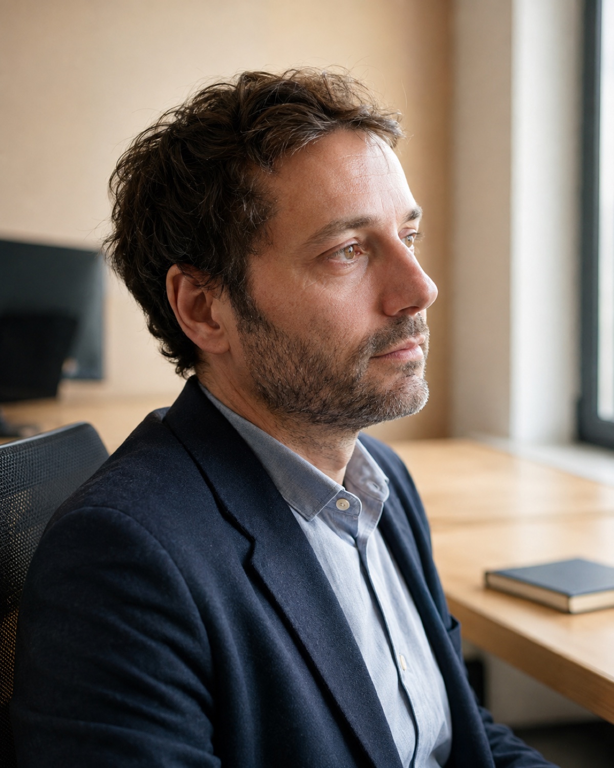 Un salarié seul à son bureau en fin de journée, le regard dans le vide, la lumière déclinant derrière lui