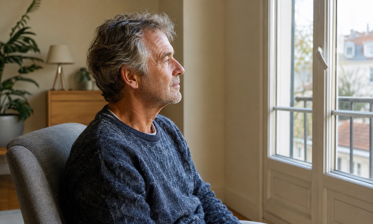 Une personne assise près d’une fenêtre, le regard tourné vers l’extérieur, dans une lumière douce de fin de journée