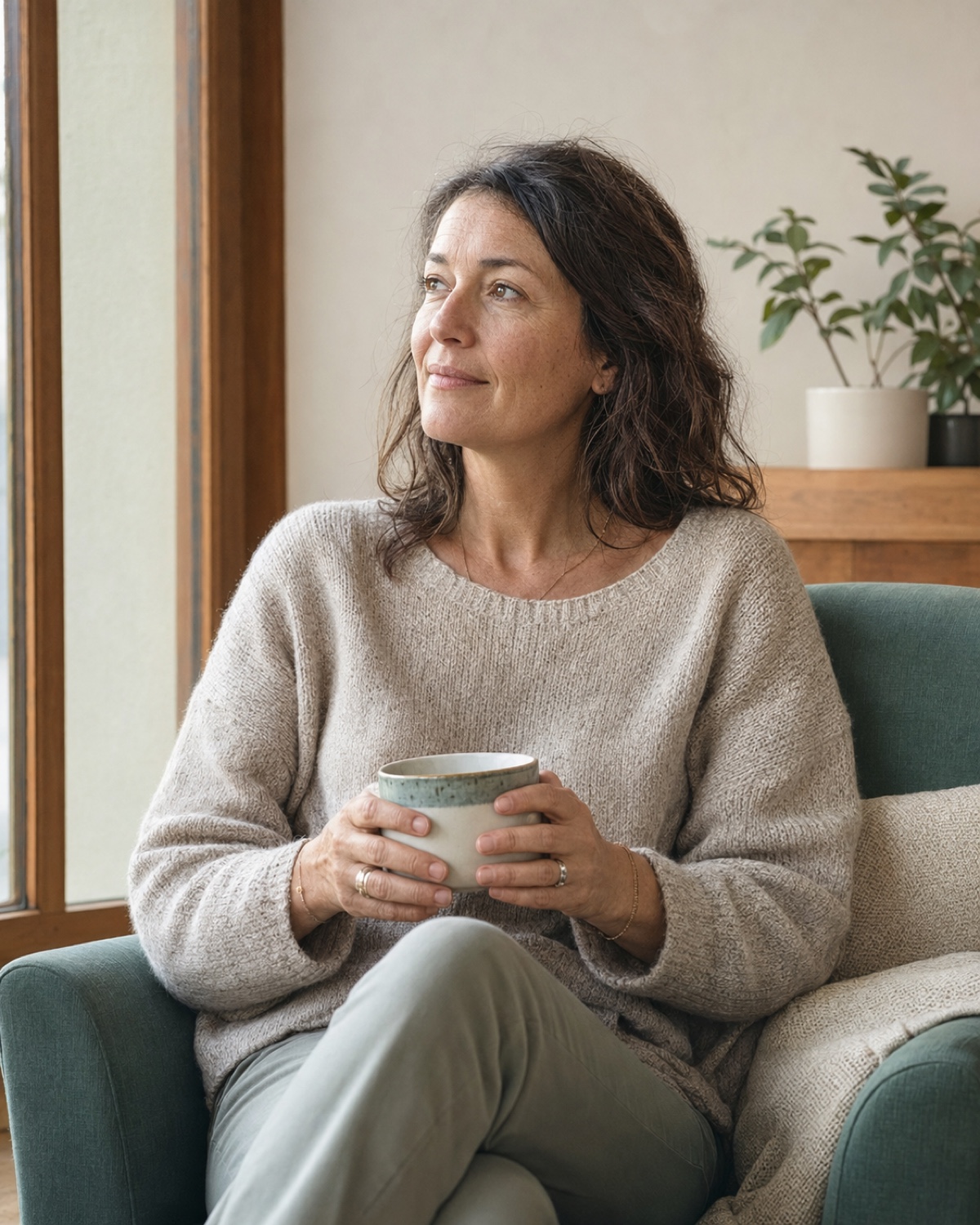 Une personne assise dans un intérieur calme, une tasse entre les mains, le regard perdu vers la fenêtre