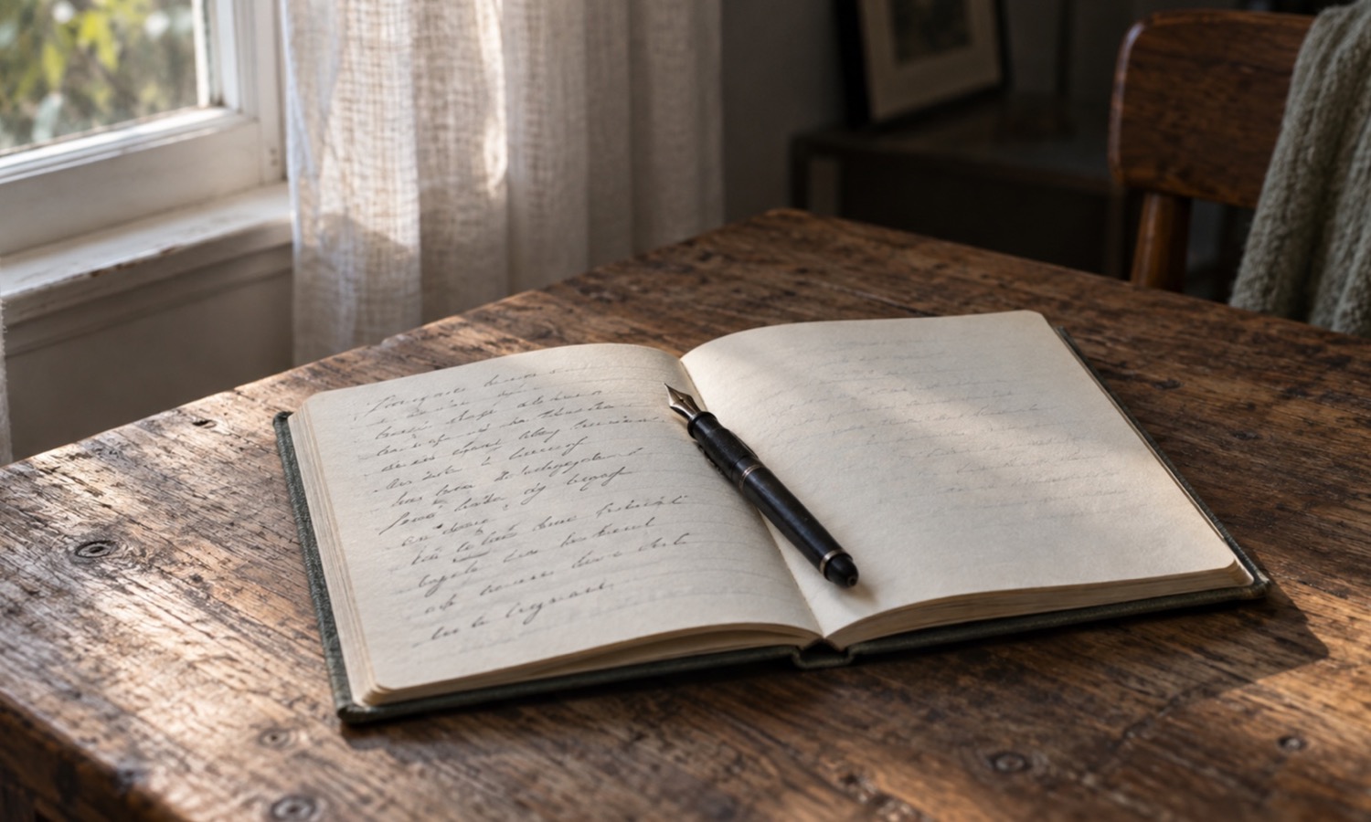 Un carnet ouvert et un stylo posés sur une table de bois près d’une fenêtre, une écriture manuscrite couvre la page de gauche
