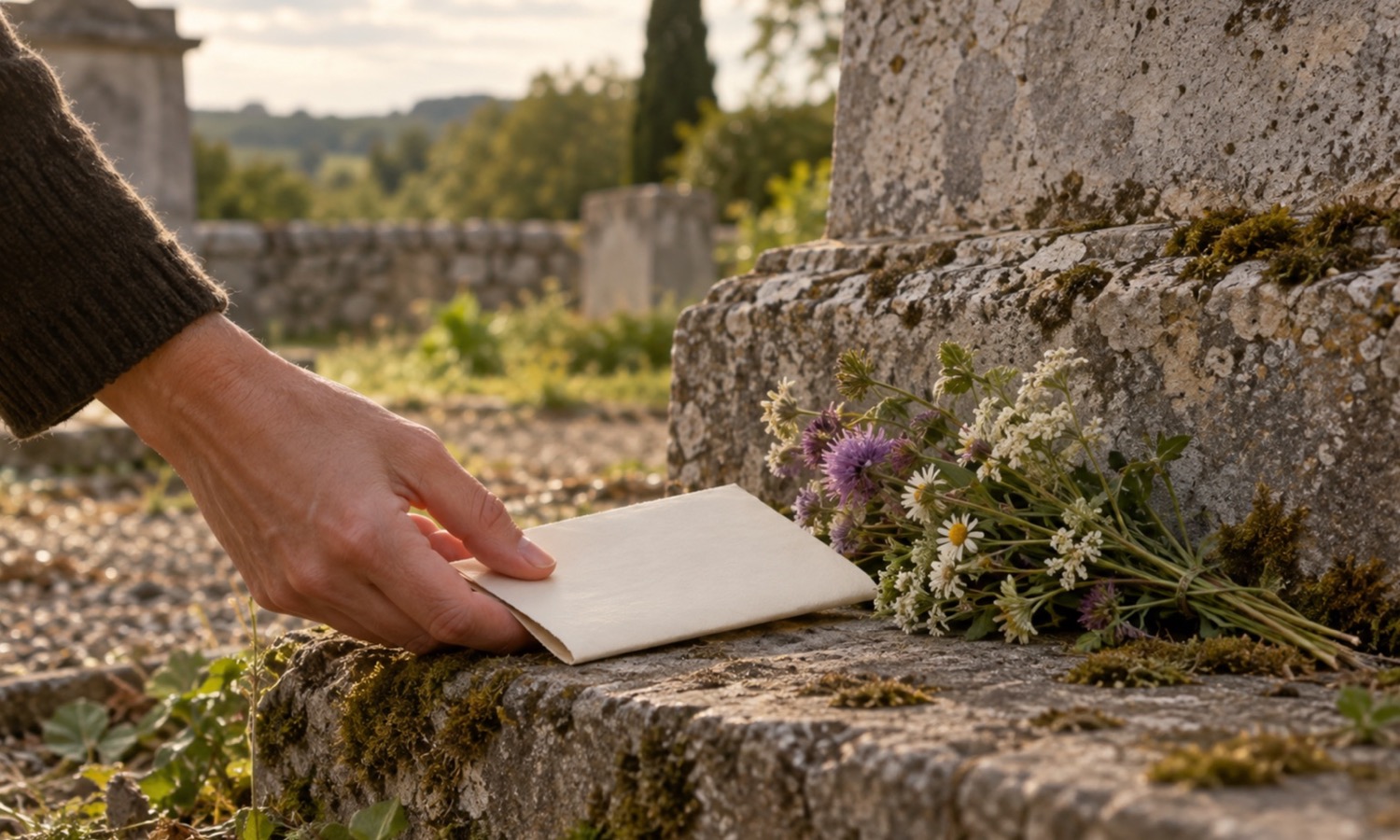 Une main dépose une lettre pliée au pied d’une pierre tombale fleurie, dans la lumière basse de l’après-midi
