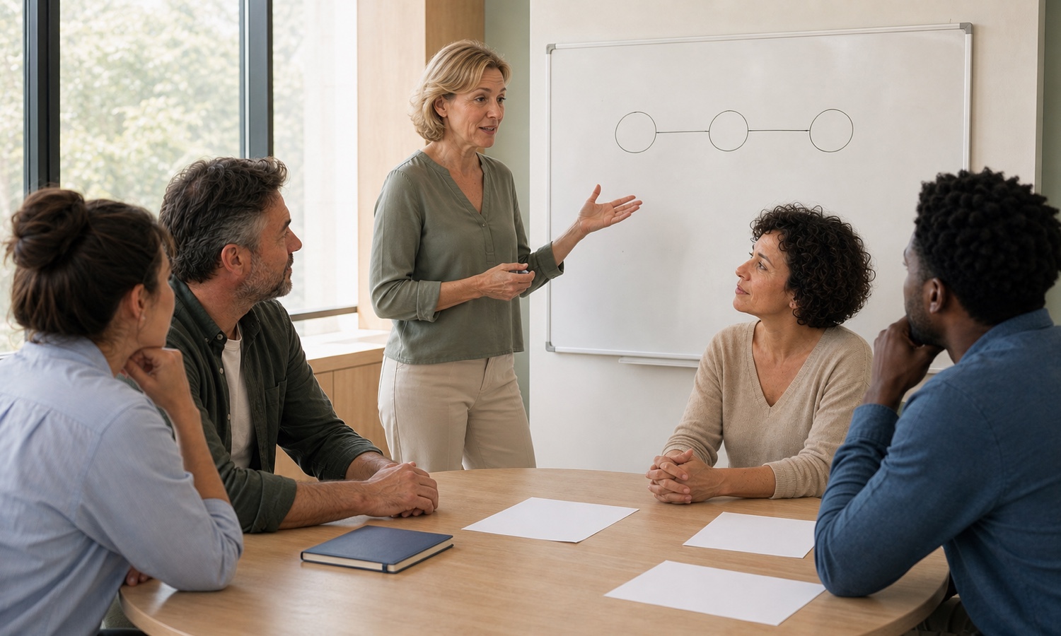 Un petit groupe de managers en session de formation autour d’une table, un intervenant au tableau