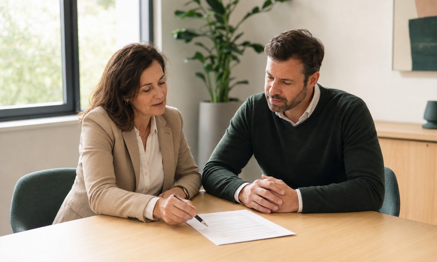 Une responsable des ressources humaines et un manager travaillent ensemble sur un document dans une salle de réunion claire