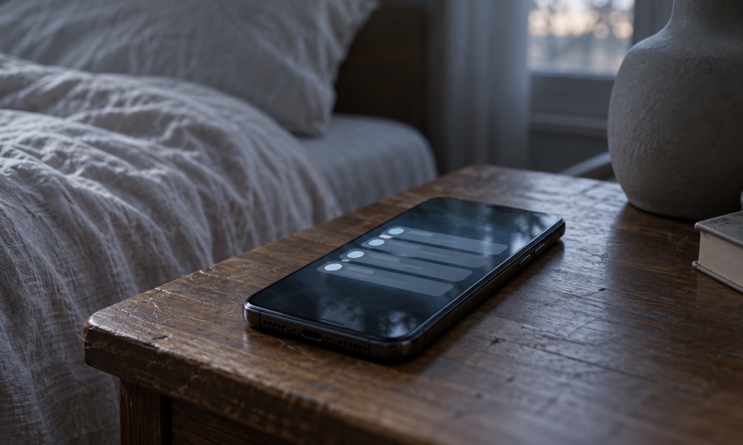 Un téléphone posé sur une table de nuit affiche un écran de notifications non lues, dans la lumière grise du petit matin