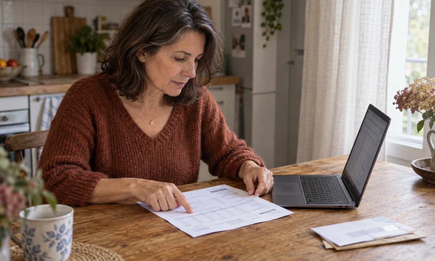 Une femme compare un relevé bancaire papier et l’écran d’un ordinateur portable, sur une table de cuisine encombrée de courriers